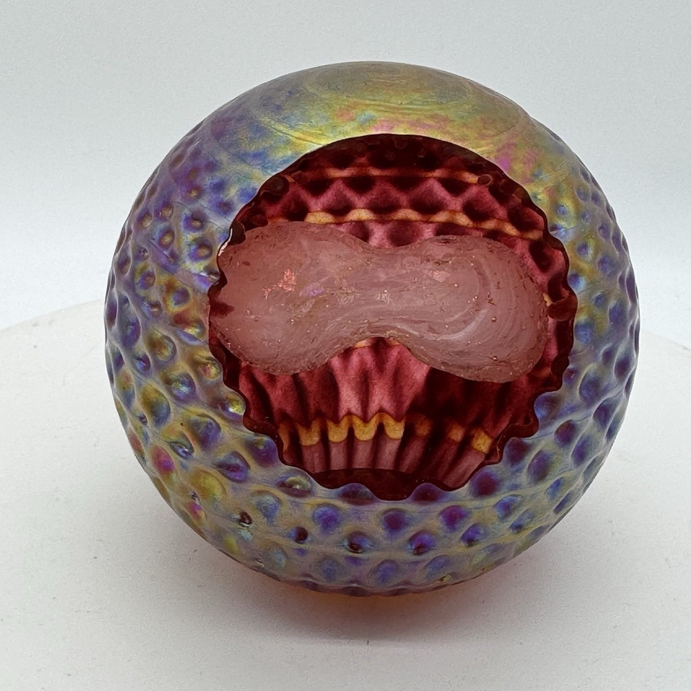 Iridescent Studio Art Glass Optical Window Sphere Paperweight Dimples PNW